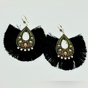 Black Tassel Fan Tribal Earrings w. red beaded & crystal rhinestone accents